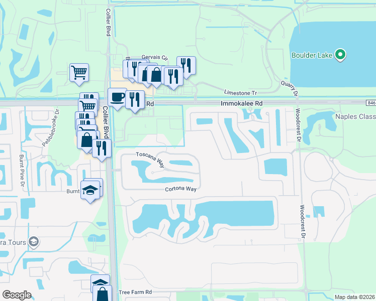map of restaurants, bars, coffee shops, grocery stores, and more near 15449 Cortona Way in Naples