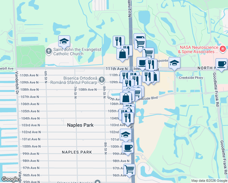map of restaurants, bars, coffee shops, grocery stores, and more near 826 108th Avenue North in Naples