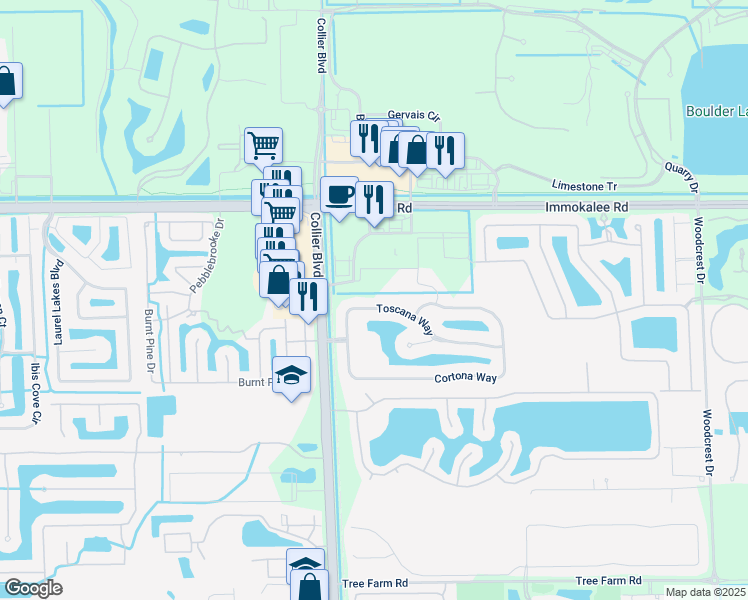 map of restaurants, bars, coffee shops, grocery stores, and more near 14985 Toscana Way in Naples