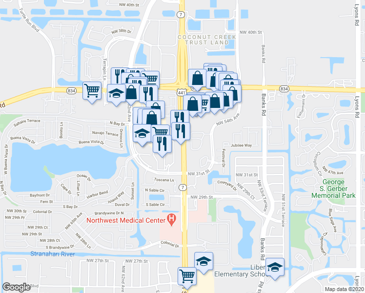 map of restaurants, bars, coffee shops, grocery stores, and more near 3203 Florida 7 in Margate