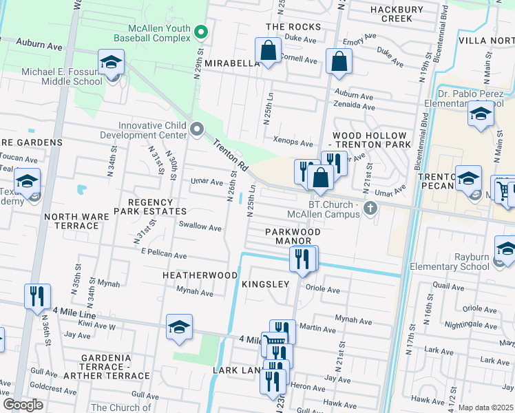 map of restaurants, bars, coffee shops, grocery stores, and more near 2509 Thunderbird Avenue in McAllen