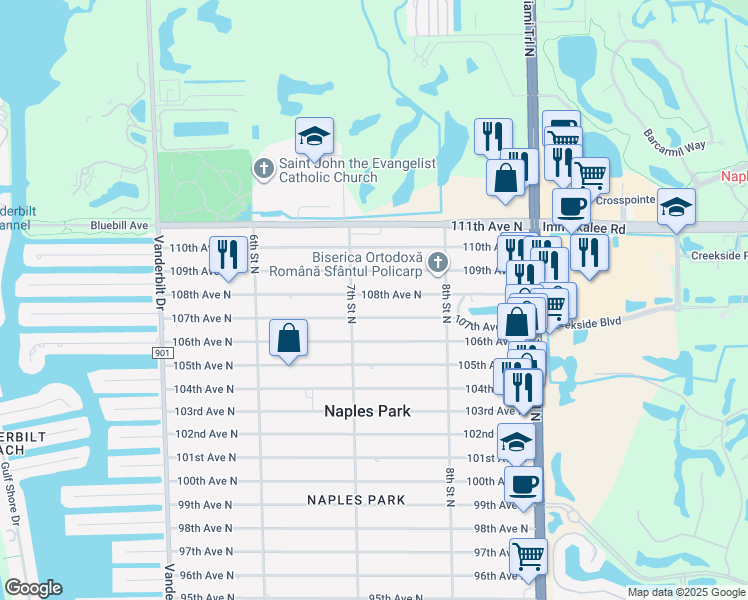 map of restaurants, bars, coffee shops, grocery stores, and more near 720 108th Avenue North in Naples