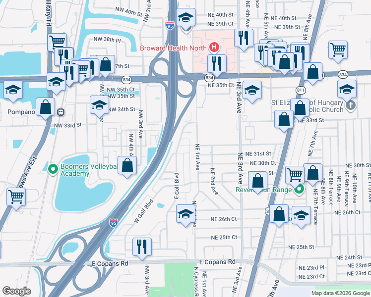 map of restaurants, bars, coffee shops, grocery stores, and more near 110 Northwest 31st Court in Pompano Beach