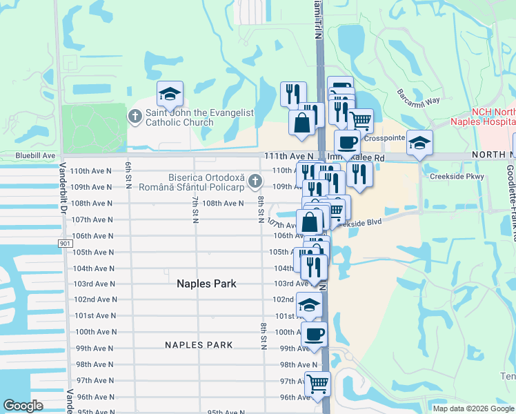 map of restaurants, bars, coffee shops, grocery stores, and more near 796 108th Avenue North in Naples