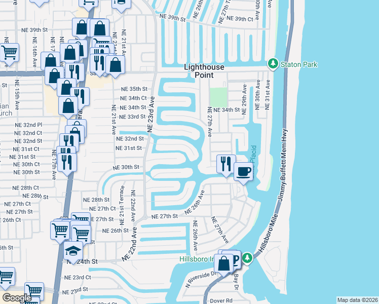 map of restaurants, bars, coffee shops, grocery stores, and more near 2530 Northeast 31st Court in Lighthouse Point
