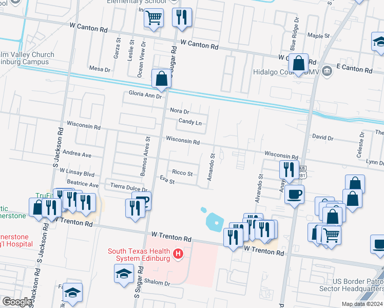map of restaurants, bars, coffee shops, grocery stores, and more near 3508 Samgar Street in Edinburg