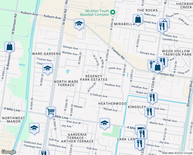 map of restaurants, bars, coffee shops, grocery stores, and more near 3025 Thunderbird Avenue in McAllen