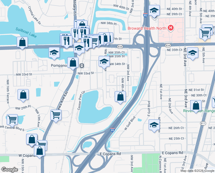 map of restaurants, bars, coffee shops, grocery stores, and more near 3103 Northwest 5th Terrace in Pompano Beach