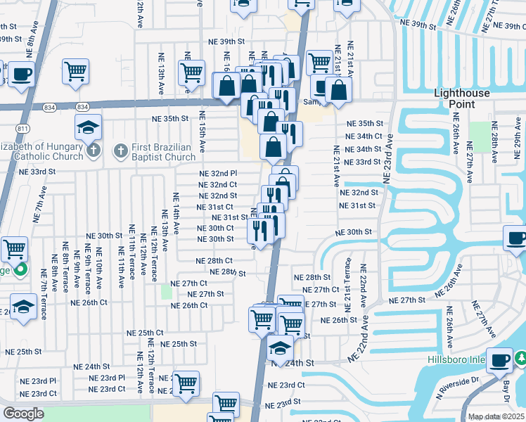 map of restaurants, bars, coffee shops, grocery stores, and more near 1684 Northeast 31st Court in Pompano Beach