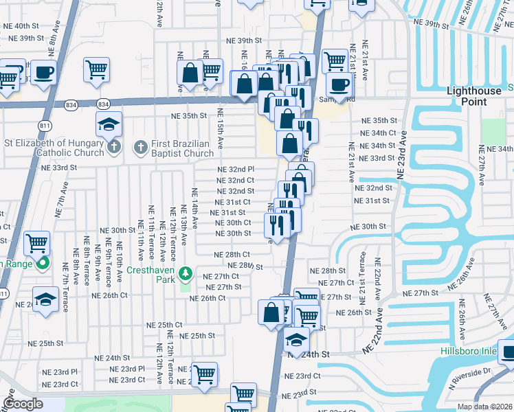 map of restaurants, bars, coffee shops, grocery stores, and more near 1584 Northeast 31st Court in Pompano Beach