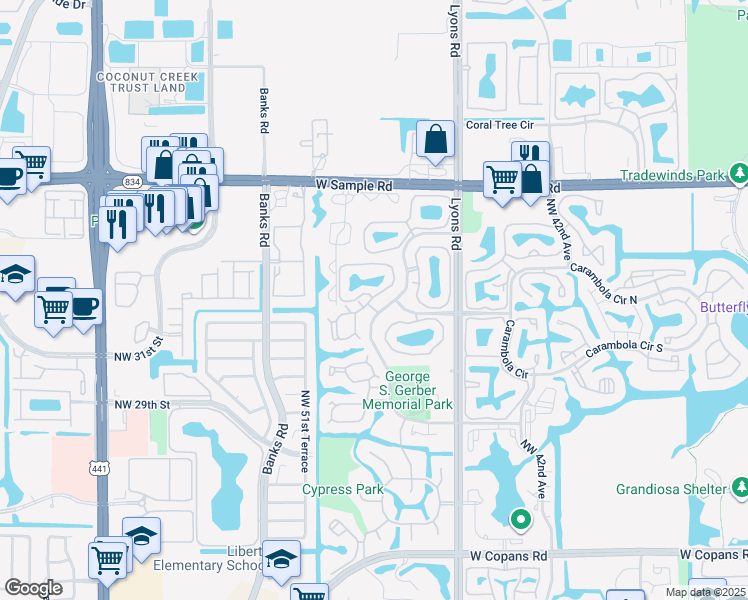 map of restaurants, bars, coffee shops, grocery stores, and more near 3949 Cocoplum Circle in Coconut Creek