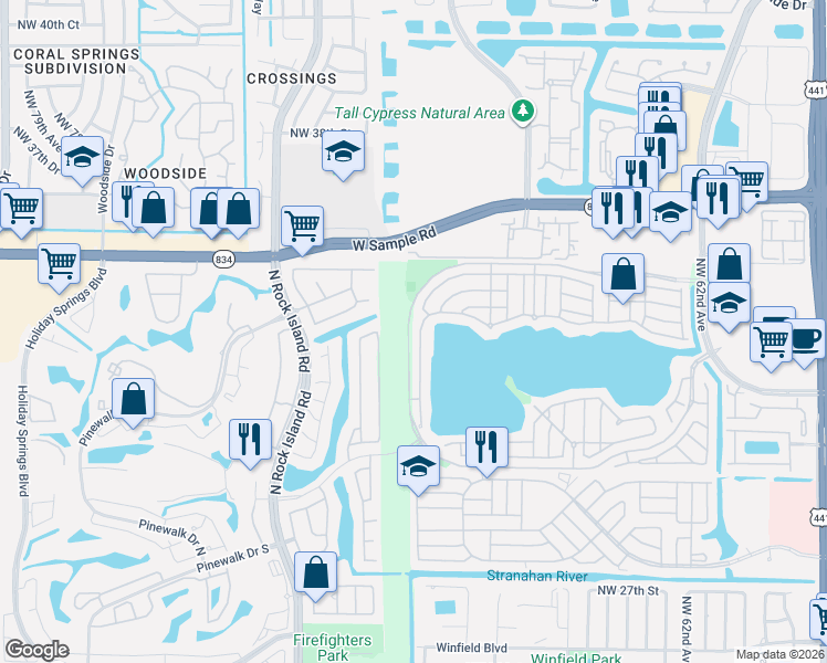 map of restaurants, bars, coffee shops, grocery stores, and more near 3274 West Buena Vista Drive in Margate