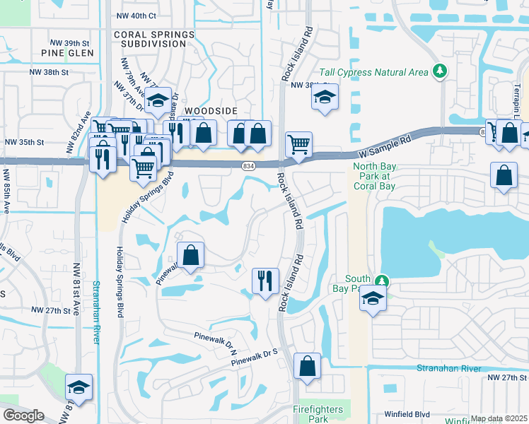 map of restaurants, bars, coffee shops, grocery stores, and more near 3455 Pinewalk Drive North in Margate