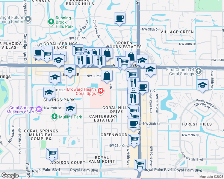 map of restaurants, bars, coffee shops, grocery stores, and more near 3100 Coral Hills Drive in Coral Springs
