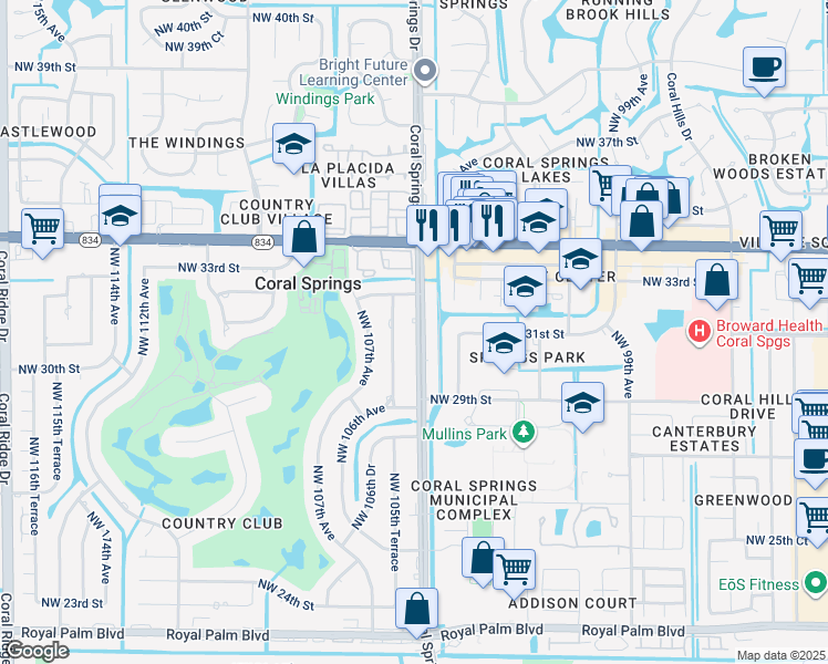 map of restaurants, bars, coffee shops, grocery stores, and more near 3100 Coral Springs Drive in Coral Springs