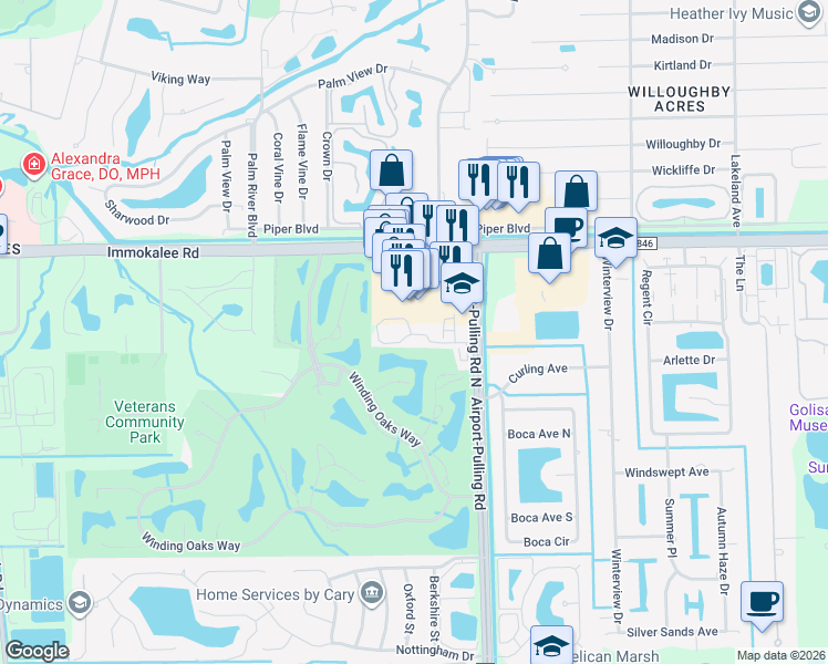 map of restaurants, bars, coffee shops, grocery stores, and more near 2355 Naples Trace Circle in Naples