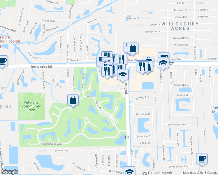 map of restaurants, bars, coffee shops, grocery stores, and more near 2355 Naples Trace Circle in Naples
