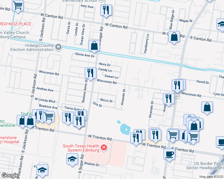 map of restaurants, bars, coffee shops, grocery stores, and more near 3508 Samgar Street in Edinburg