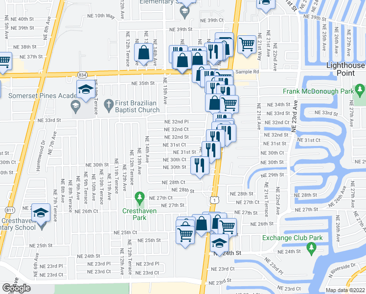 map of restaurants, bars, coffee shops, grocery stores, and more near 1584 Northeast 31st Court in Pompano Beach