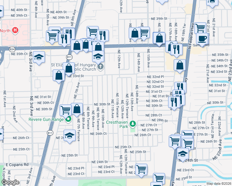 map of restaurants, bars, coffee shops, grocery stores, and more near 3061 Northeast 11th Terrace in Pompano Beach
