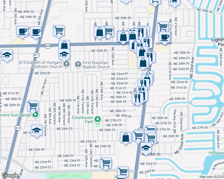 map of restaurants, bars, coffee shops, grocery stores, and more near 1484 Northeast 31st Court in Pompano Beach
