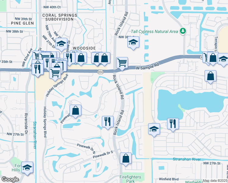 map of restaurants, bars, coffee shops, grocery stores, and more near 7181 Northwest 32nd Street in Margate