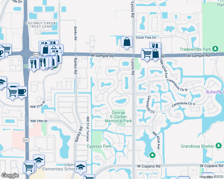 map of restaurants, bars, coffee shops, grocery stores, and more near 3949 Cocoplum Circle in Coconut Creek