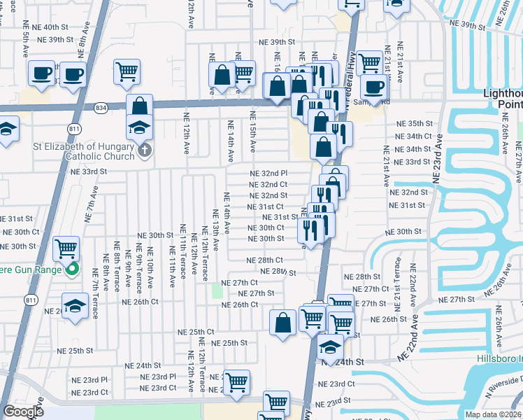map of restaurants, bars, coffee shops, grocery stores, and more near 1524 Northeast 31st Court in Pompano Beach