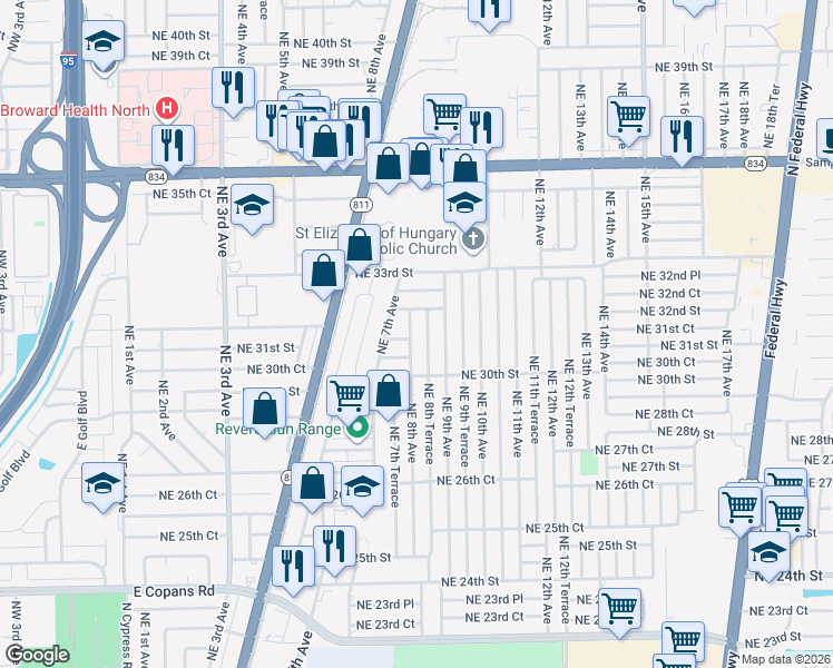 map of restaurants, bars, coffee shops, grocery stores, and more near 3100 Northeast 8th Avenue in Pompano Beach