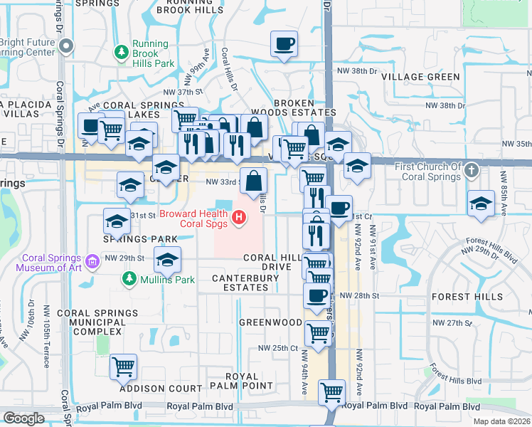 map of restaurants, bars, coffee shops, grocery stores, and more near 3100 Coral Hills Drive in Coral Springs