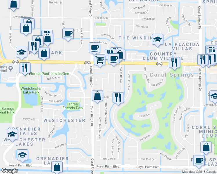 map of restaurants, bars, coffee shops, grocery stores, and more near 3160 Northwest 114th Lane in Coral Springs