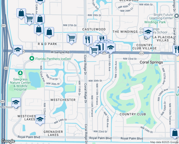 map of restaurants, bars, coffee shops, grocery stores, and more near 3161 Coral Ridge Drive in Coral Springs