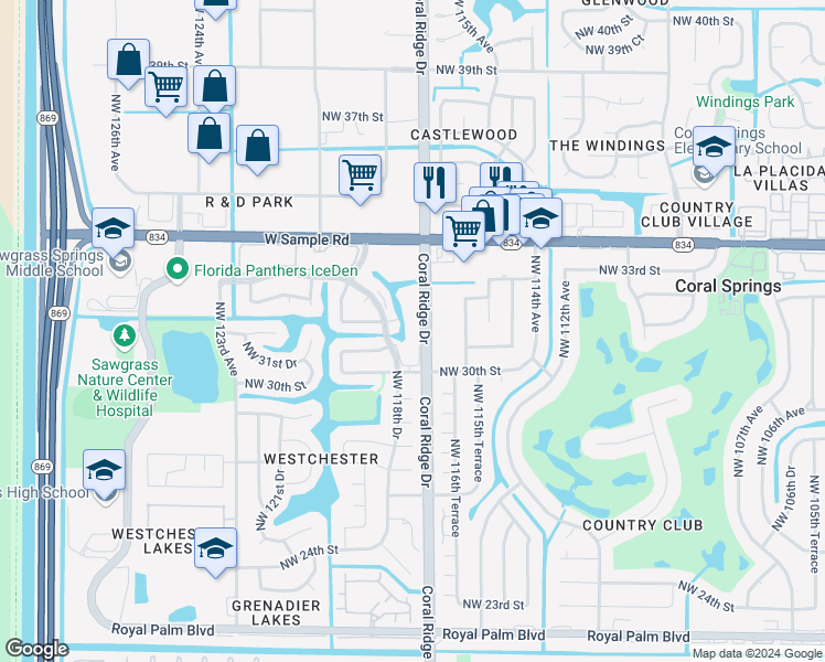 map of restaurants, bars, coffee shops, grocery stores, and more near 3110 Coral Ridge Drive in Coral Springs