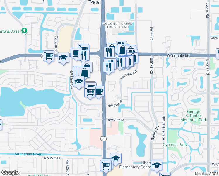 map of restaurants, bars, coffee shops, grocery stores, and more near 3100 North State Road 7 in Margate