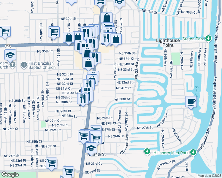 map of restaurants, bars, coffee shops, grocery stores, and more near 2011 Northeast 31st Street in Lighthouse Point