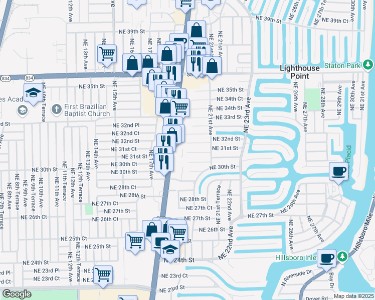 map of restaurants, bars, coffee shops, grocery stores, and more near 1951 Northeast 31st Street in Lighthouse Point