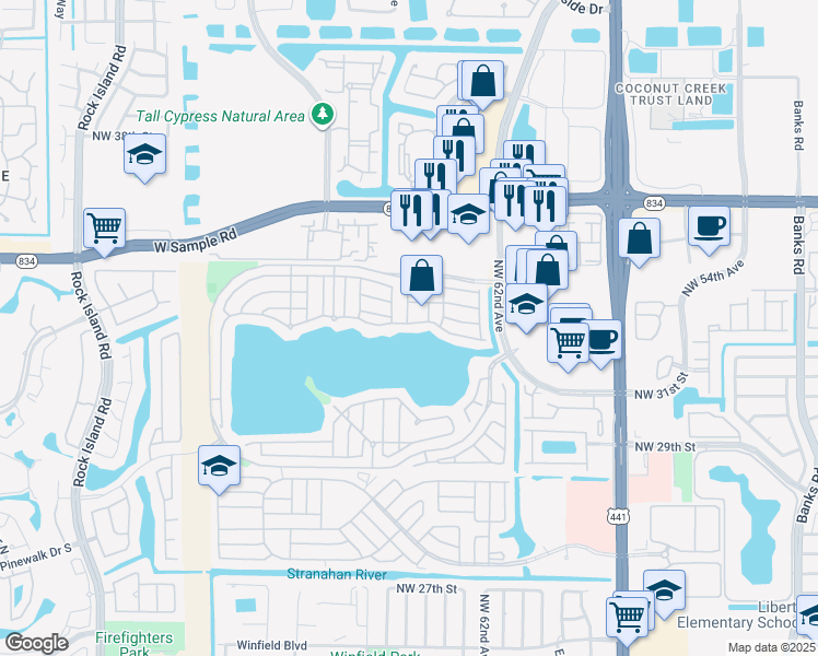 map of restaurants, bars, coffee shops, grocery stores, and more near 6322 Buena Vista Drive in Margate