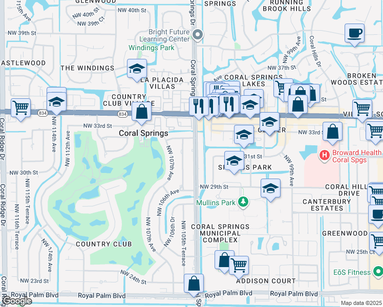 map of restaurants, bars, coffee shops, grocery stores, and more near 3100 Coral Springs Drive in Coral Springs