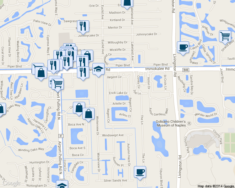 map of restaurants, bars, coffee shops, grocery stores, and more near 3340 Erick Lake Dr in Naples