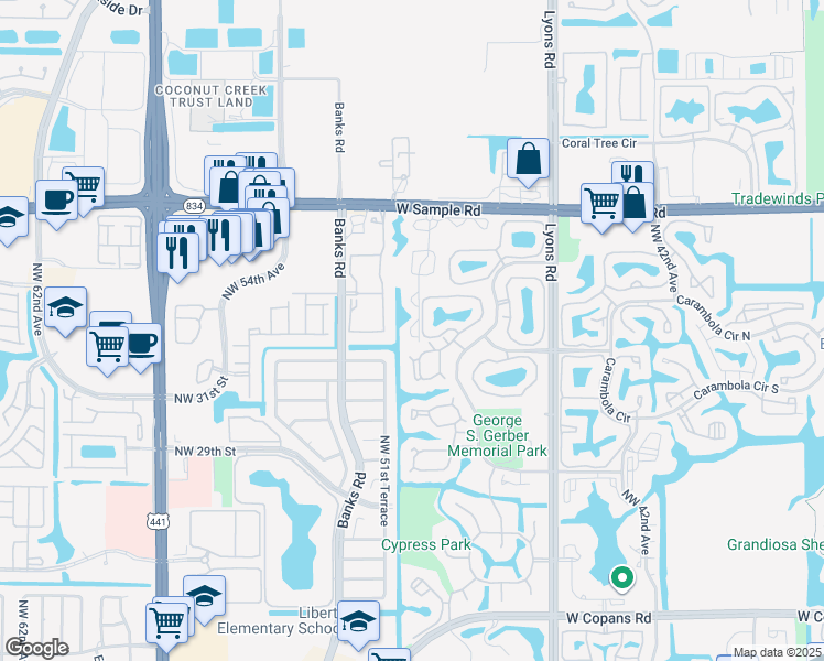 map of restaurants, bars, coffee shops, grocery stores, and more near 4950 Fishermans Drive in Coconut Creek