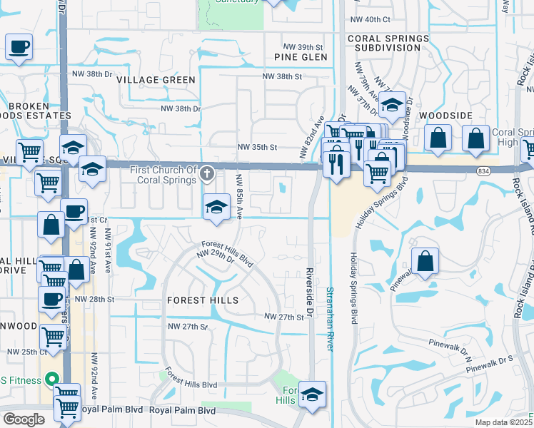 map of restaurants, bars, coffee shops, grocery stores, and more near 8409 Coral Lake Manor in Coral Springs