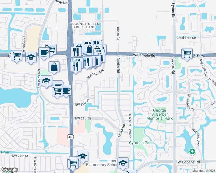 map of restaurants, bars, coffee shops, grocery stores, and more near 3301 Celebration Lane in Margate