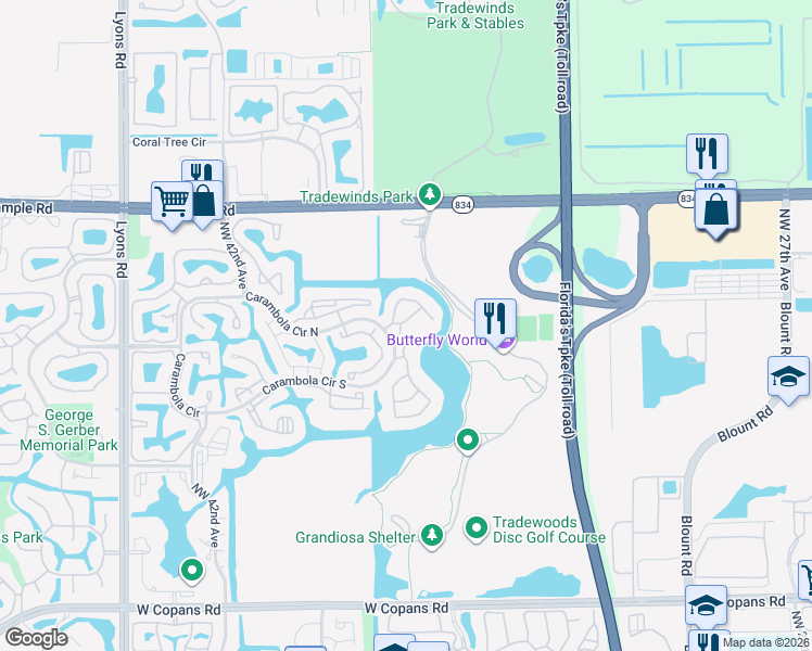 map of restaurants, bars, coffee shops, grocery stores, and more near 2597 Carambola Circle North in Coconut Creek