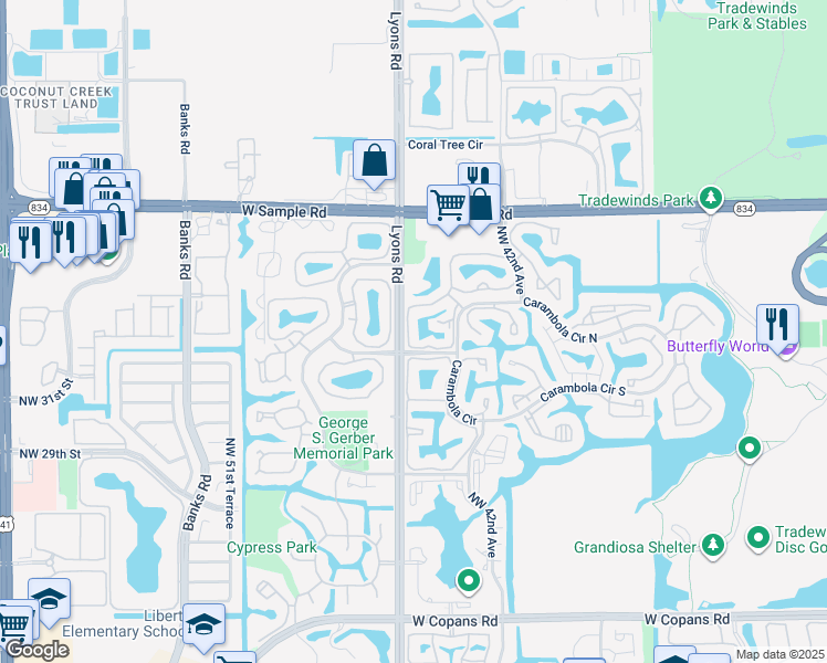 map of restaurants, bars, coffee shops, grocery stores, and more near 3689 Carambola Circle North in Coconut Creek