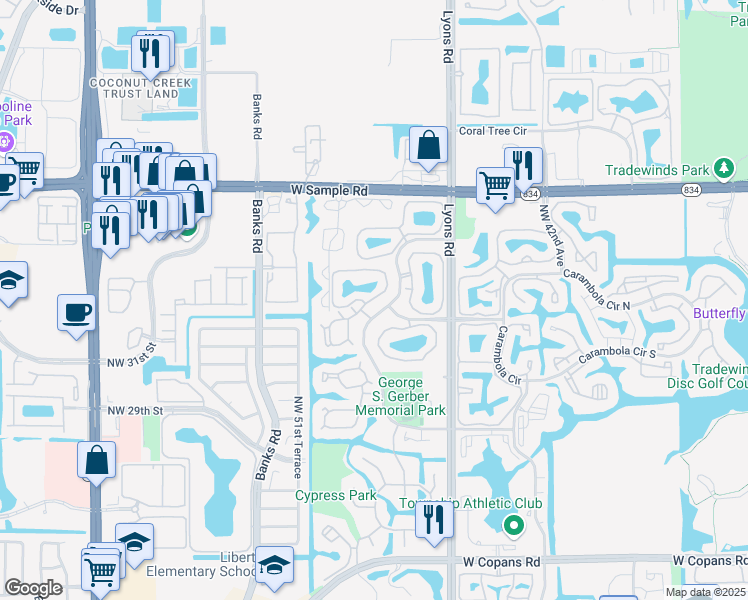 map of restaurants, bars, coffee shops, grocery stores, and more near 3949 Cocoplum Circle in Coconut Creek