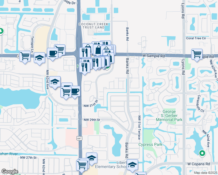map of restaurants, bars, coffee shops, grocery stores, and more near 5428 Jubilee Way in Margate