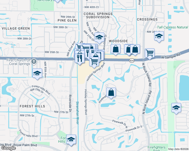 map of restaurants, bars, coffee shops, grocery stores, and more near 3261 Holiday Springs Boulevard in Margate