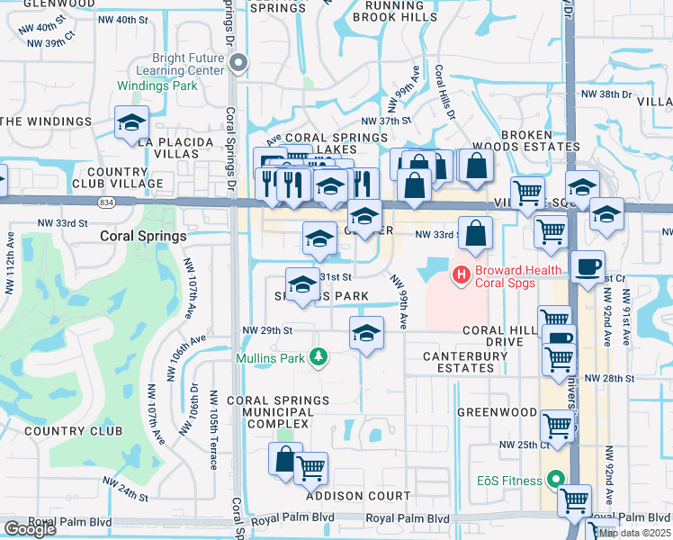 map of restaurants, bars, coffee shops, grocery stores, and more near 10193 Northwest 31st Street in Coral Springs