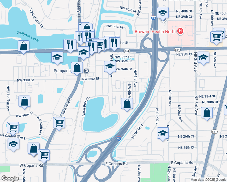 map of restaurants, bars, coffee shops, grocery stores, and more near 3103 Northwest 5th Terrace in Pompano Beach