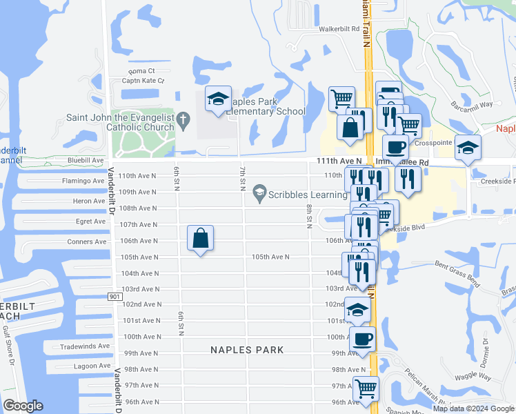 map of restaurants, bars, coffee shops, grocery stores, and more near 717 108th Avenue North in Naples